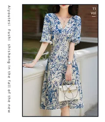 Chinese Style Heavy Silk Dress, Blue and White Porcelain, Mulberry Silk Dress, Puff Sleeves, Ethnic Style Summer Women's