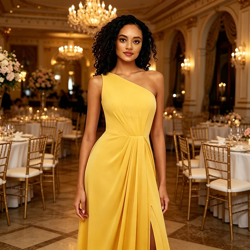 

customized One Shoulder Dresses A Line Pleated Floor Length With Slit Elegant Formal Evening Party Dress For Women Wedding Guest
