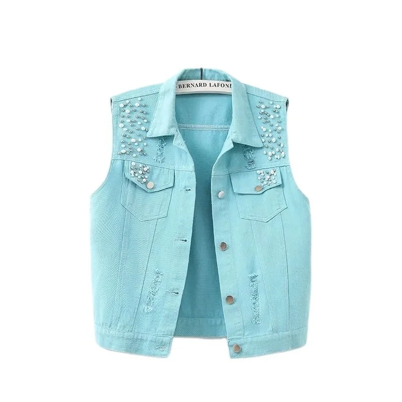 2023 Black Red Yellow Blue White Denim Vest Tops Women Spring Summer Washed Ripped Beaded Sleeveless Jacket Lady Jeans Waistcoat