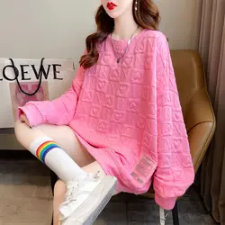 Simplicity Fashion Autumn Thin Women's Solid Waffler Three-dimensional Decoration Casual Long Sleeve Oversize Sweatshirts Tops
