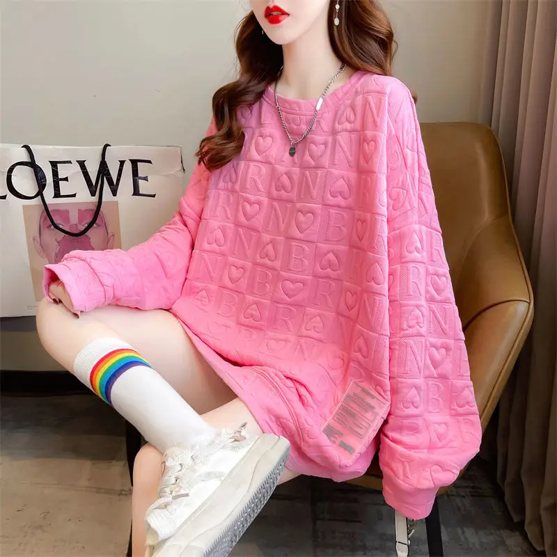 Simplicity Fashion Autumn Thin Women's Solid Waffler Three-dimensional Decoration Casual Long Sleeve Oversize Sweatshirts Tops