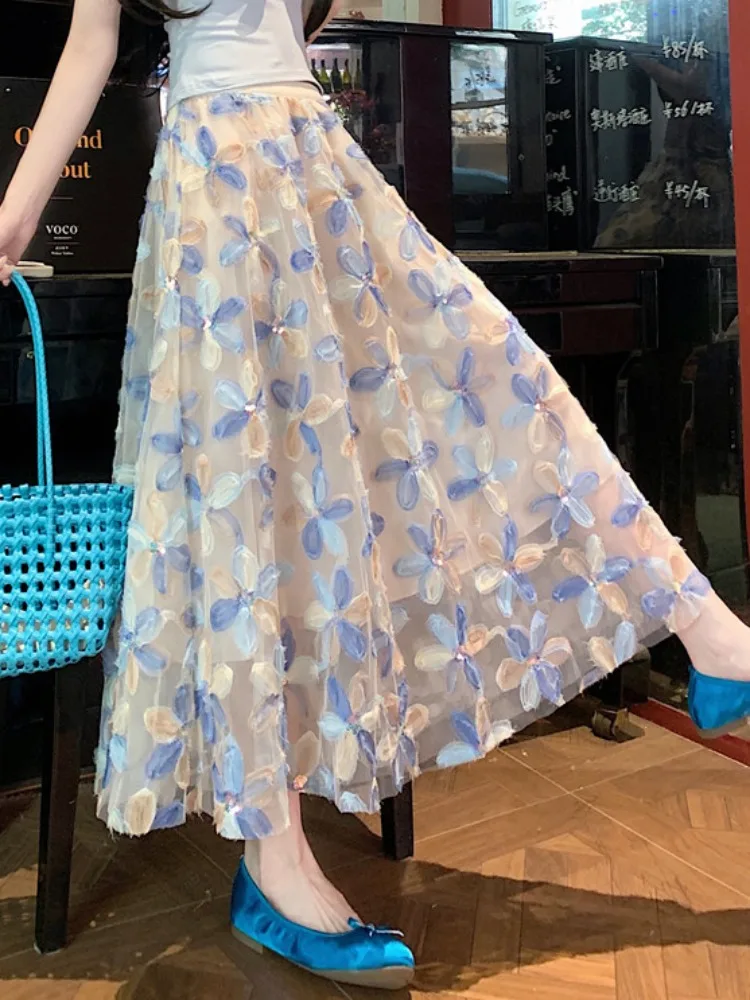 Women's summer new French style heavy industry high-Waist color-blocking floral embroidery sequin mesh umbrella skirt