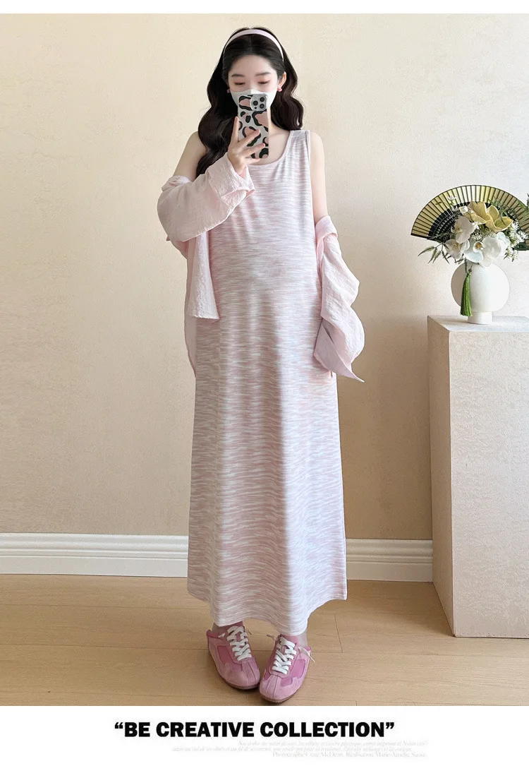 Maternity Suit Summer 2026 Minimalist Versatile Striped Sleeveless Dress and Long Sleeve Shirt for Pregnant Women Daily Wear - view 5