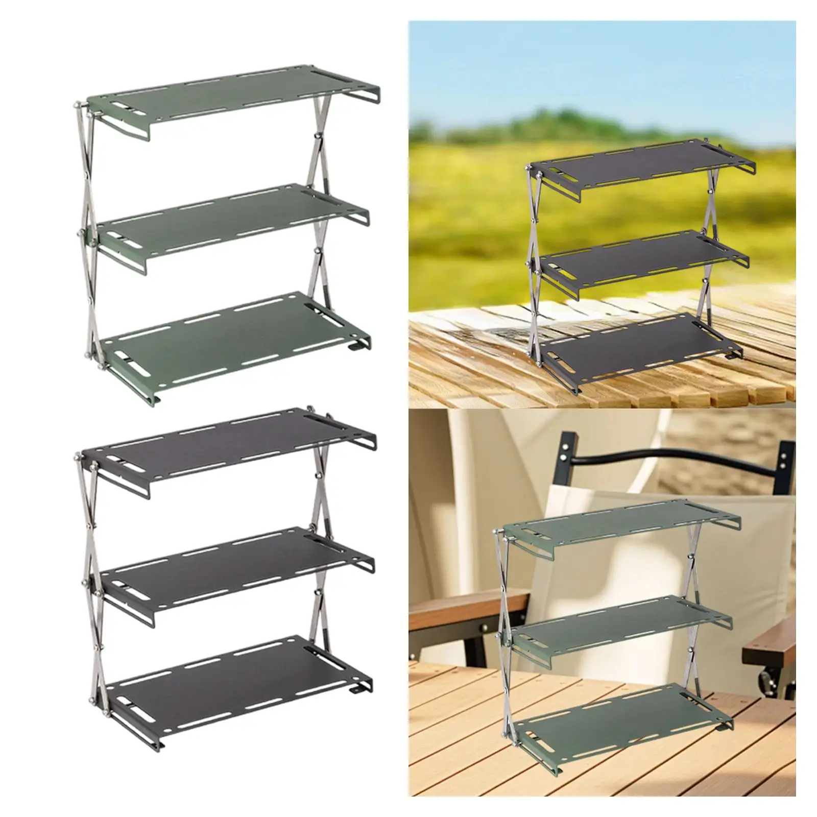 Foldable Storage Shelves Display Shelf 3 Tiered Camp Shelf Organizer Outdoor