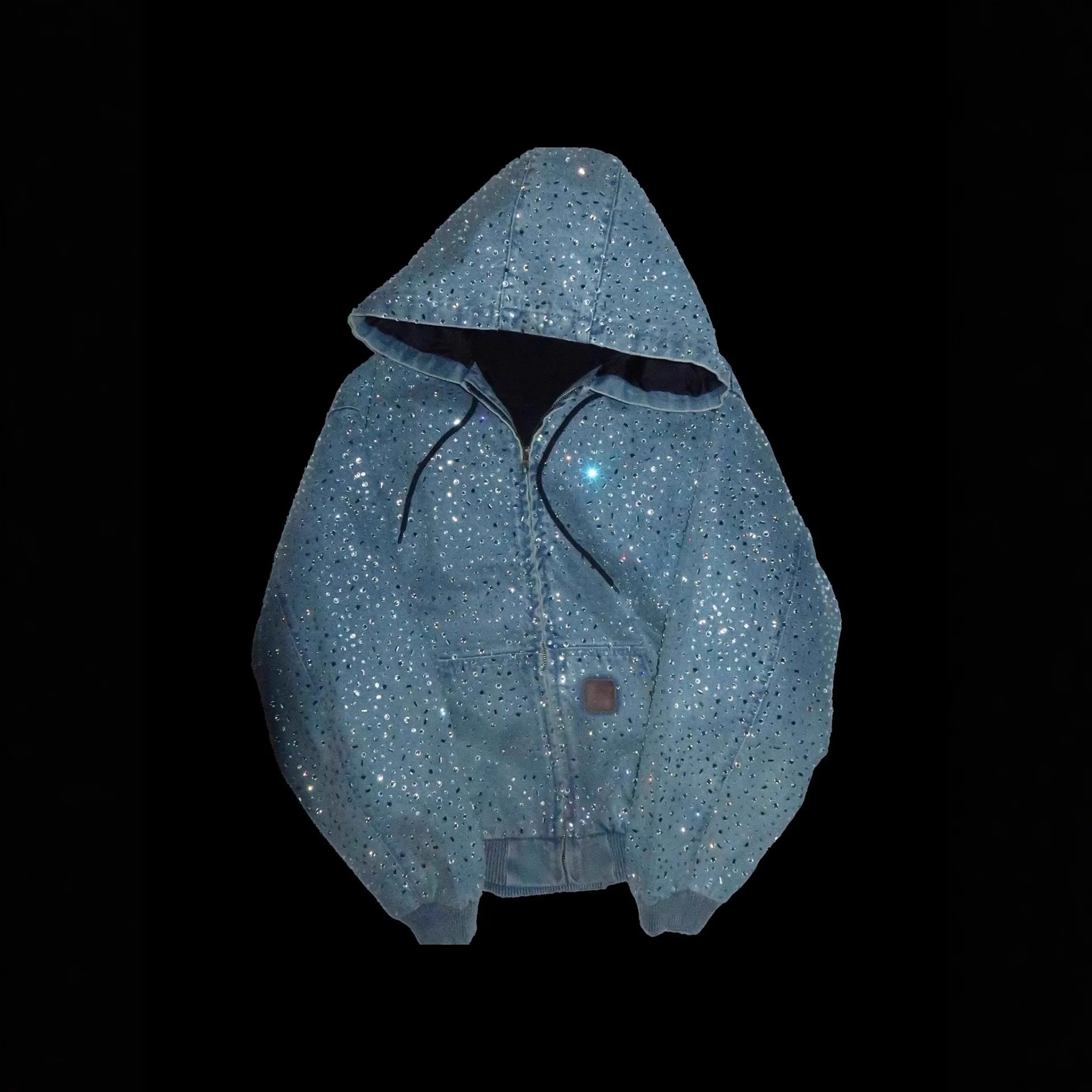 Women's European Style Loose Fit Cotton Denim Jacket with Rhinestone Embellishment Long Sleeve Zipper Closure Regular Length