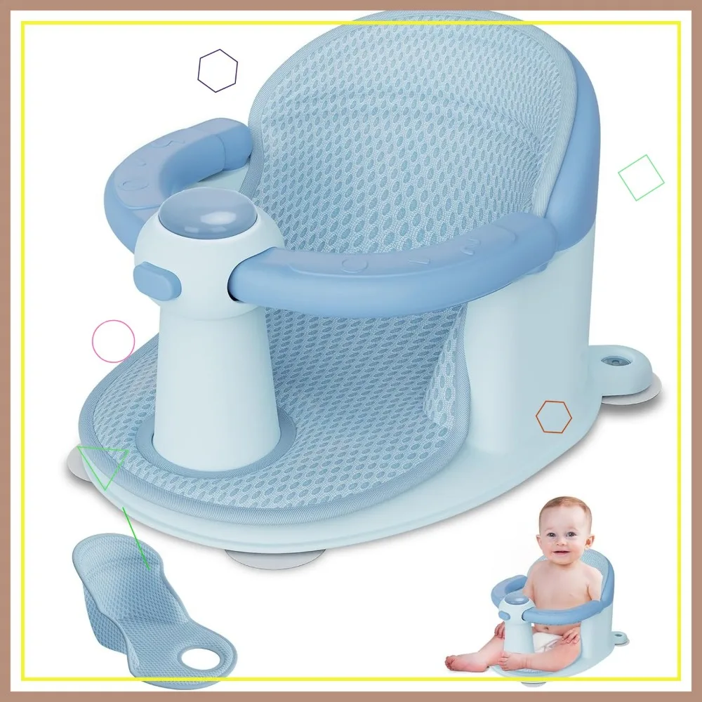 مقعد حمام للأطفال ذو وسادة ناعمة لأكثر من 6 أشهر، دعم غير قابل للانزلاق لغرفة المعيشة في حوض الاستحمام - أزرق #1