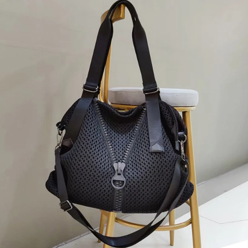 New Casual Women's Bag Shoulder Bag Nylon Mesh Tote Bag Large Capacity Travel Bag Large Zipper Broadband Crossbody Bag