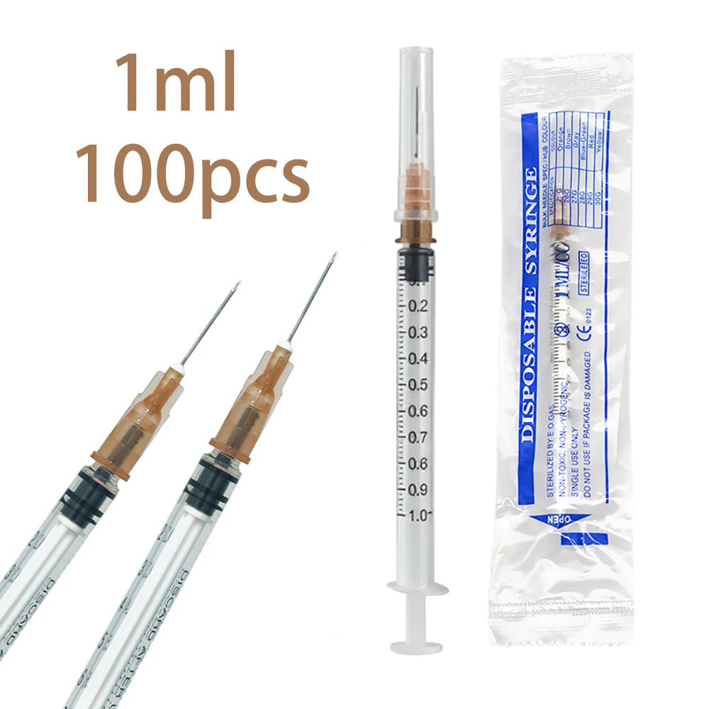 1ml/cc Plastic Sterilize Disposable Syringe with 26G 1/2inch Needle, Individually Wrapped for Pets Veterinary Use,100pcs