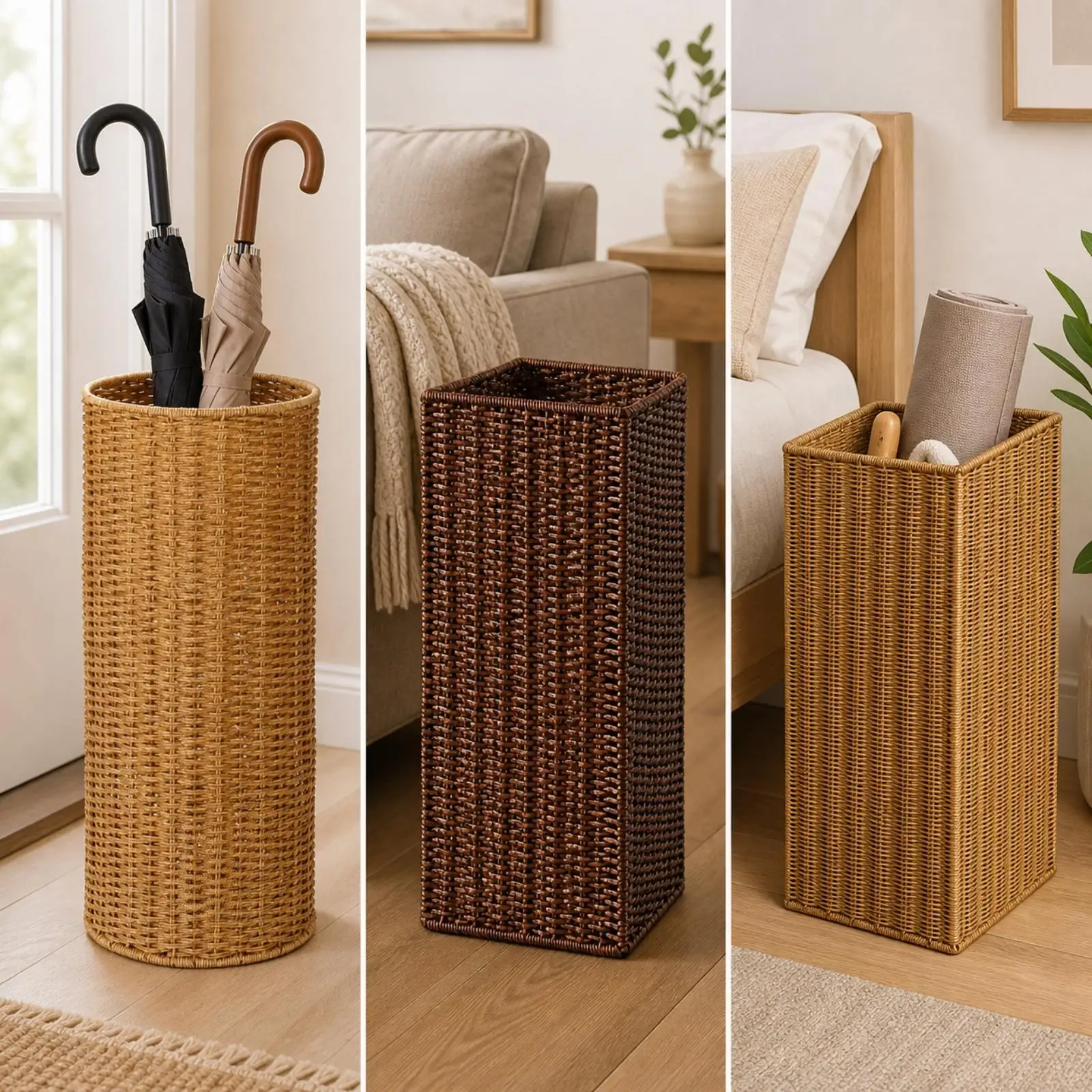Large Rattan Basket Storage Container Freestanding Umbrella Stand with Matching Tray for Entryway Neatness