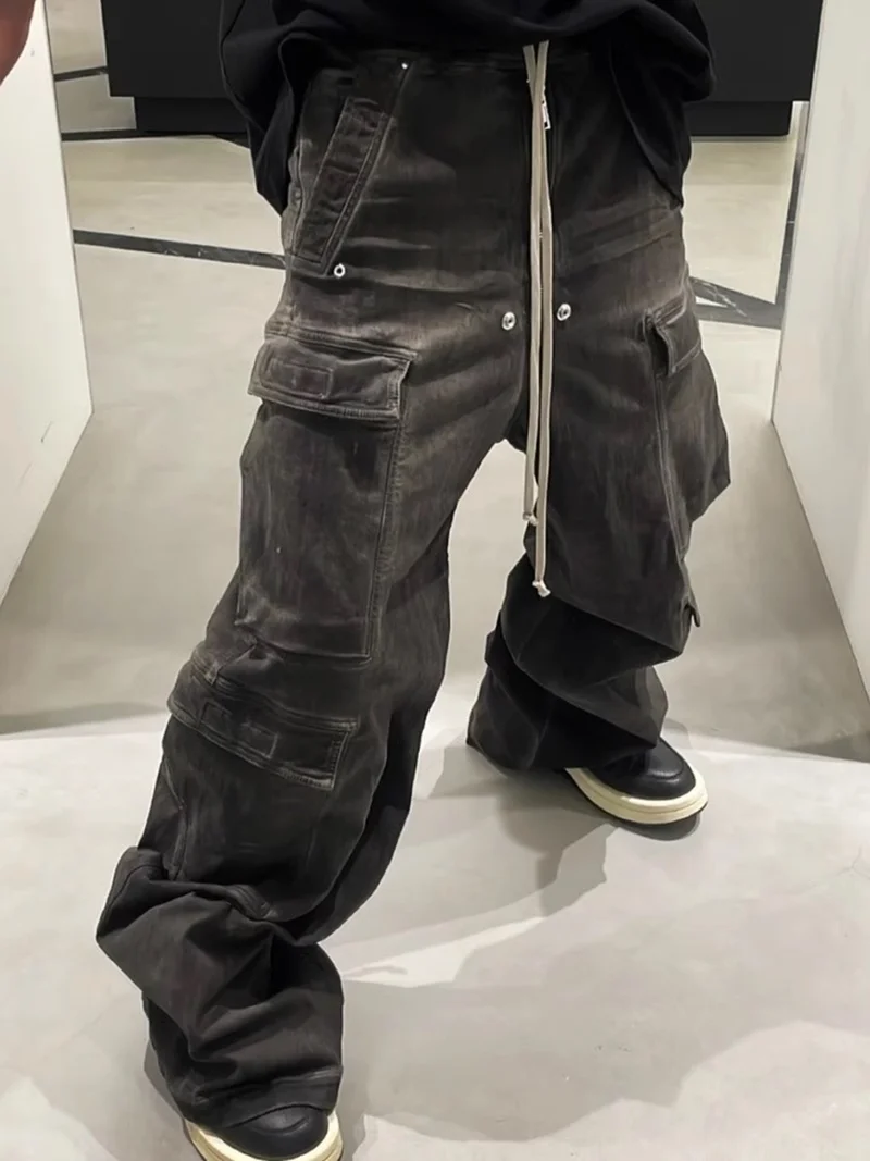 Men's Multi-pocket Design Retro Wide Leg Jeans Vibe Casual Cargo Pants Male Bottom Cool Boy High Waist Denim Y2k Trousers