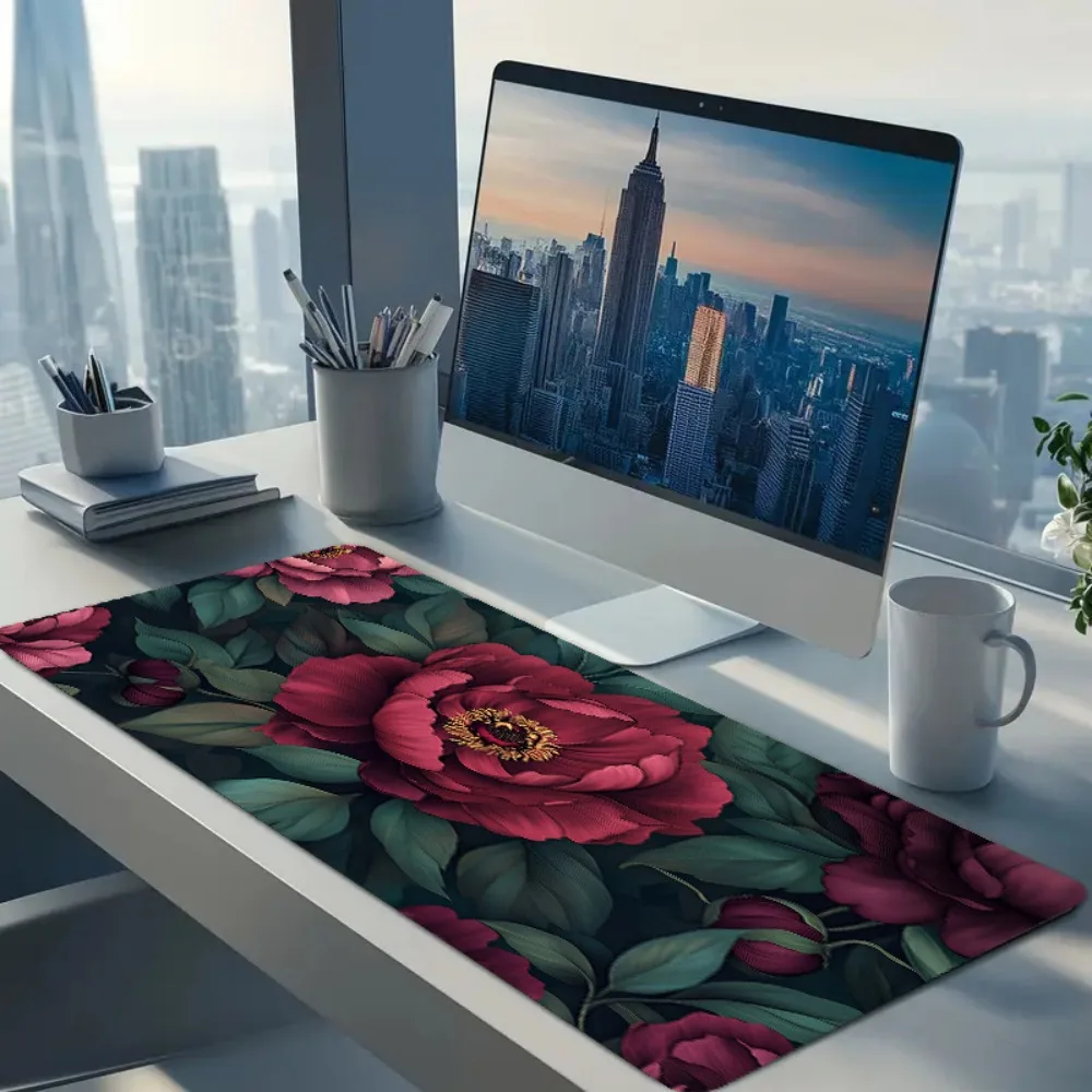 Floral table mat with anti-slip rubber base - ergonomic keyboard and mouse pad with red and green floral design