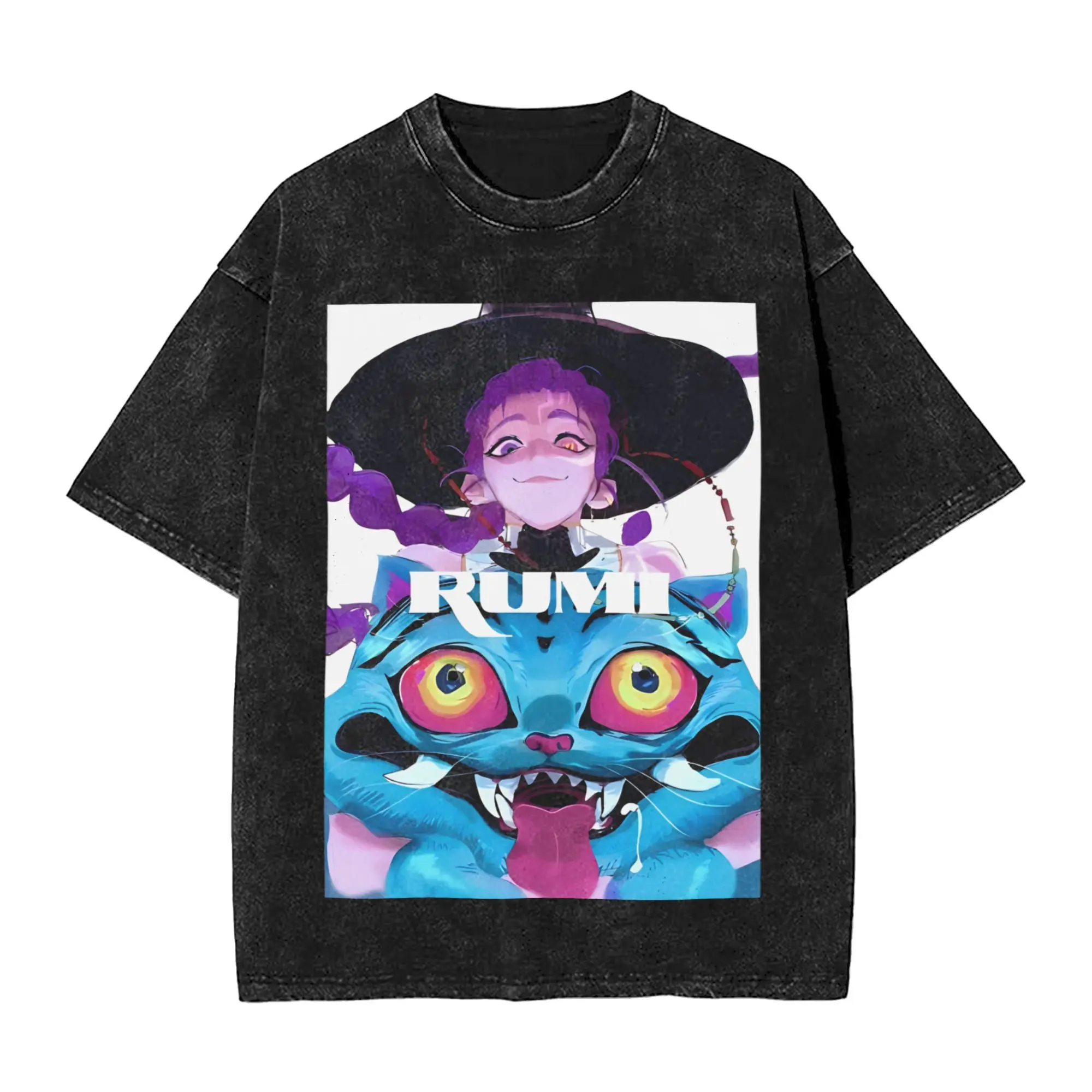

Мужские футболки «Охотники на демонов» Washed Evil Demon Rumi Cute Jinu Cat Футболка с короткими рукавами Футболка из 100% хлопка Уникальная одежда