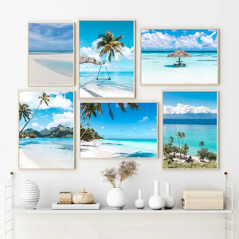 1pc frameless Canvas Painting Nordic Seascape Poster Modern Bule Sky Sea Beach Ocean View Canvas Painting Print Wall Art Pict