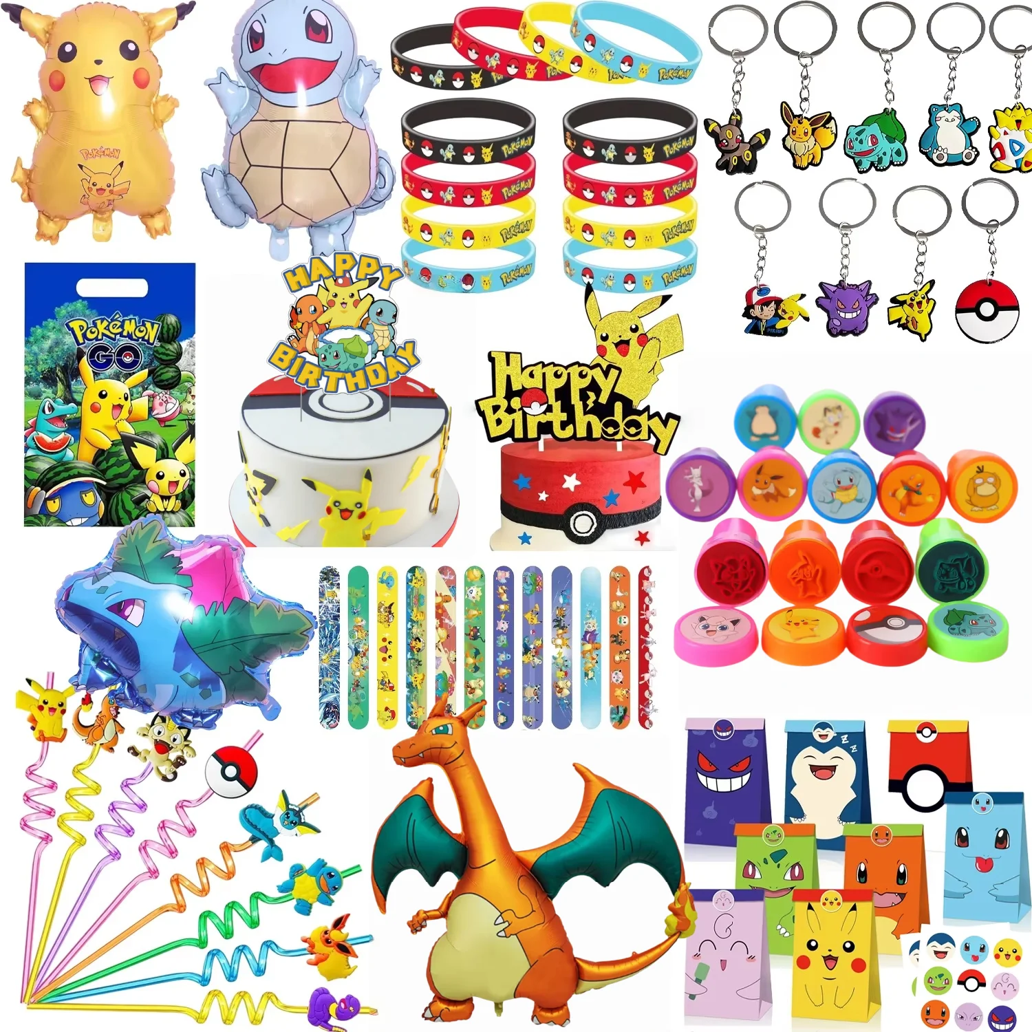 Décoration de fête d'anniversaire Pokémon, bracelet à claquer Pikachu, autocollant, cadeau de fête, remplissage de sacs cadeaux pour enfants, fournitures de décoration de fête