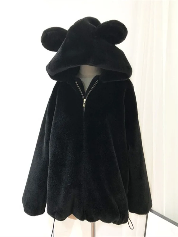 

Korean style Women Winter Fur Coat New Cute Bear Ears Furry Velvet Padded Jacket Lady Loose Imitation Mink Fur Overcoat