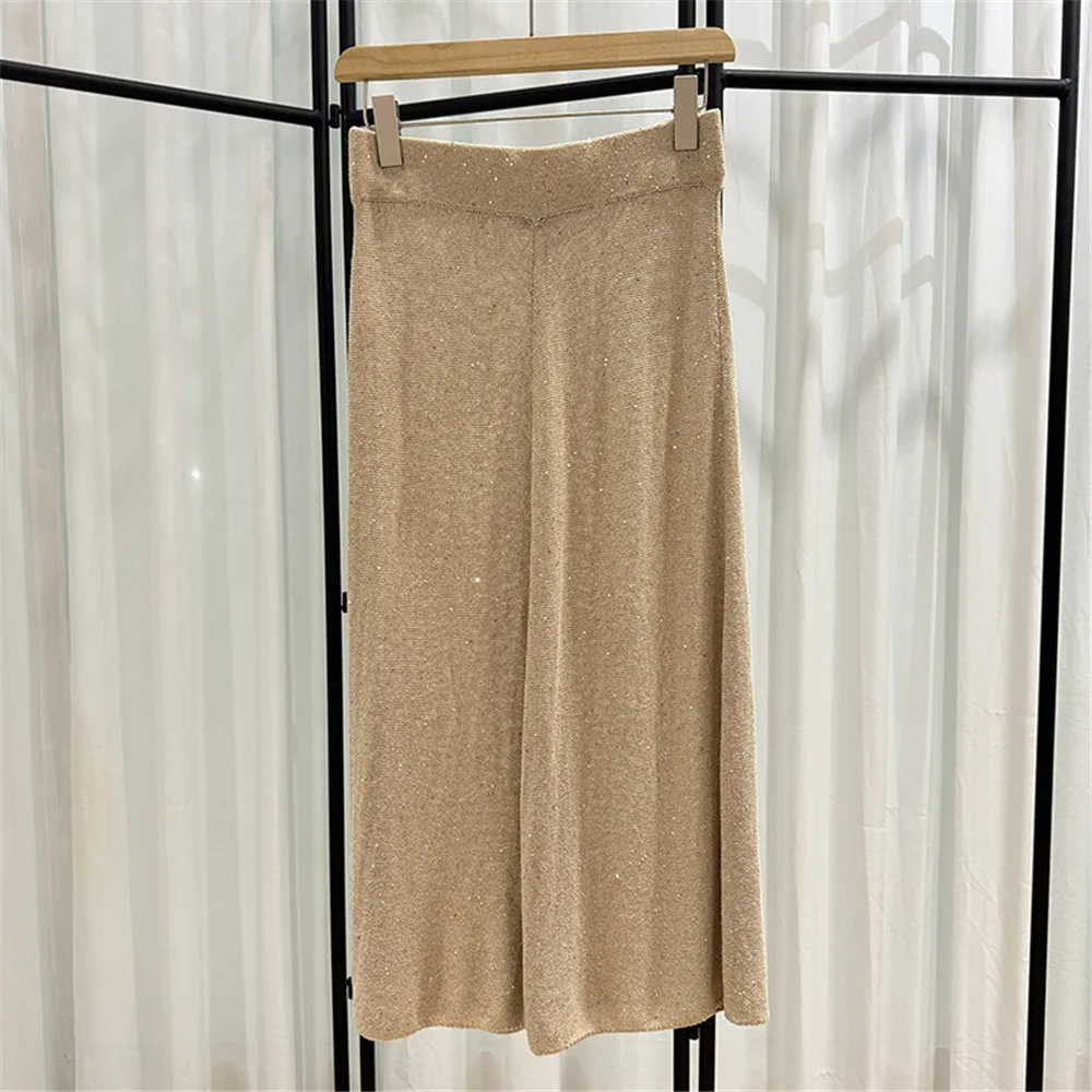 Women\'s Sequin Skirts Suit, V-Neck Pullover Sweater, Elastic Waist, A-Line Skirt, 2 Piece Set, B * C Clothing, 2024