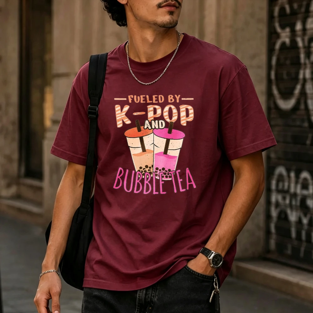 T-shirt en coton pour hommes et femmes, imprimé graphique de tasses de thé au lait mignonnes inspiré du K-Pop et du Bubble Tea, avec slogan tendance pour fans de K-Pop, hauts décontractés pour le quotidien