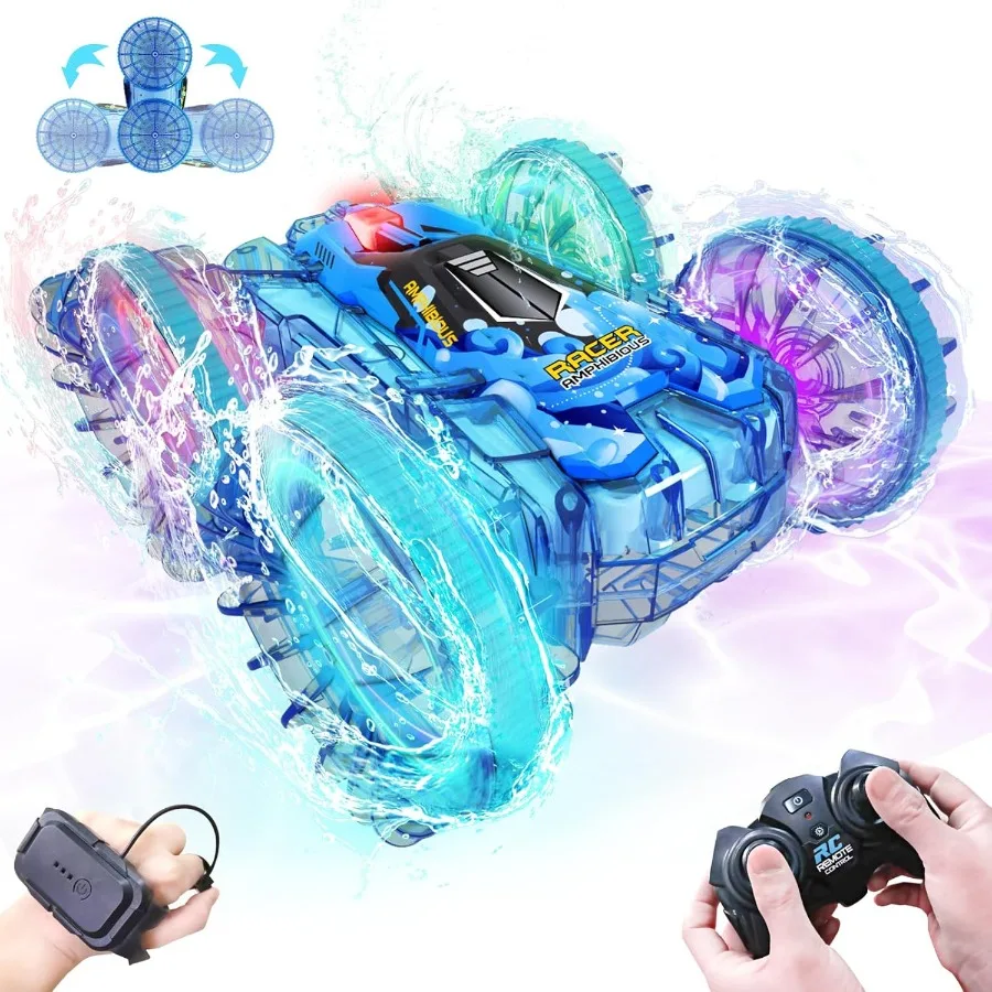 Amphibious Remote Control Car 4WD Waterproof RC Car 360° Flips Rotation Hand Gesture Stunt RC Boat Pool Toy for Ages 4-8 Lake B