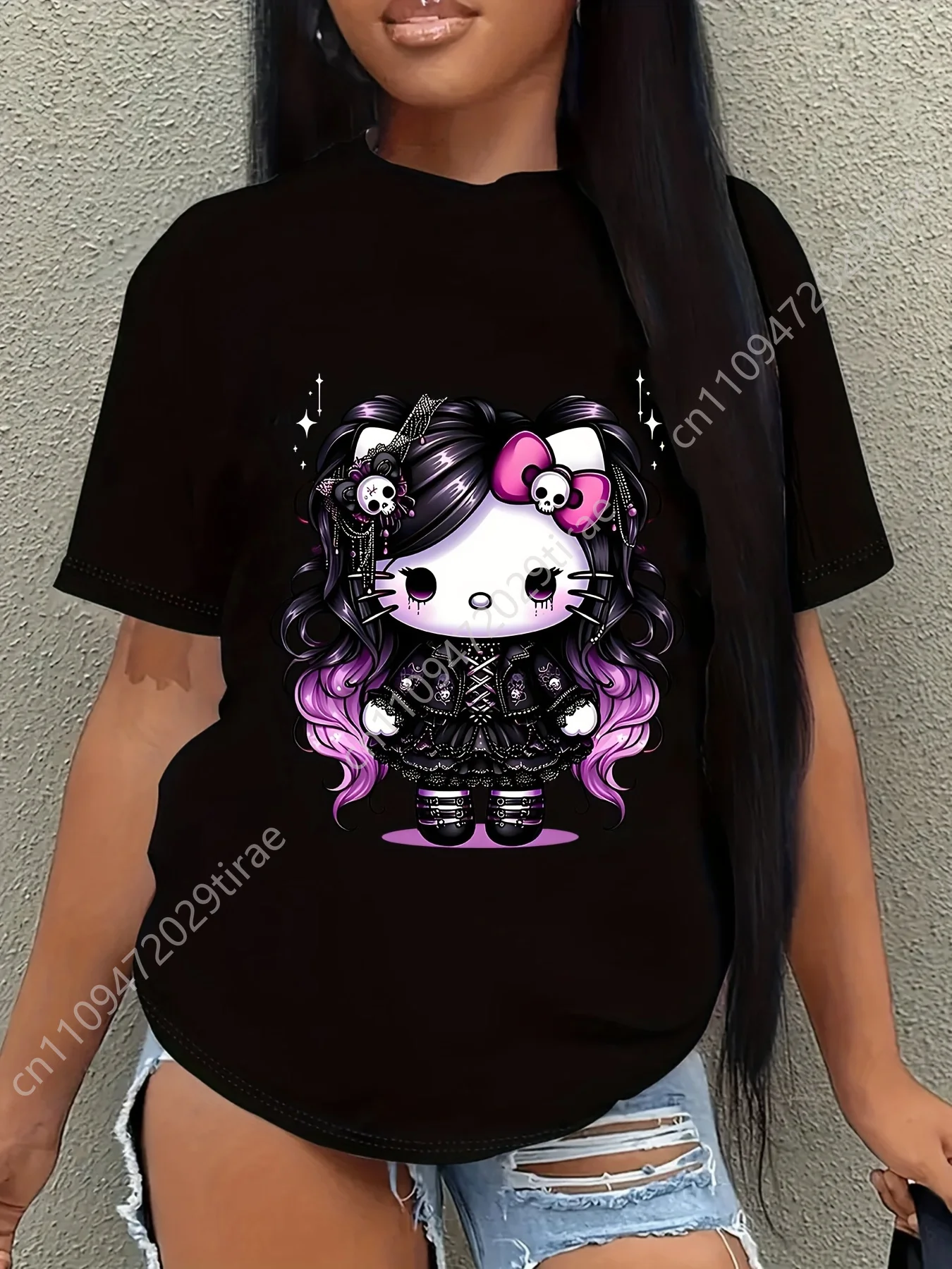 

Gothic Hello Kitty& Friends Youth Pattern T-Shirt-Kuromi& Cinnamoroll Design, Crew Neck- Casual Wear, Casual Style, Casual Outin