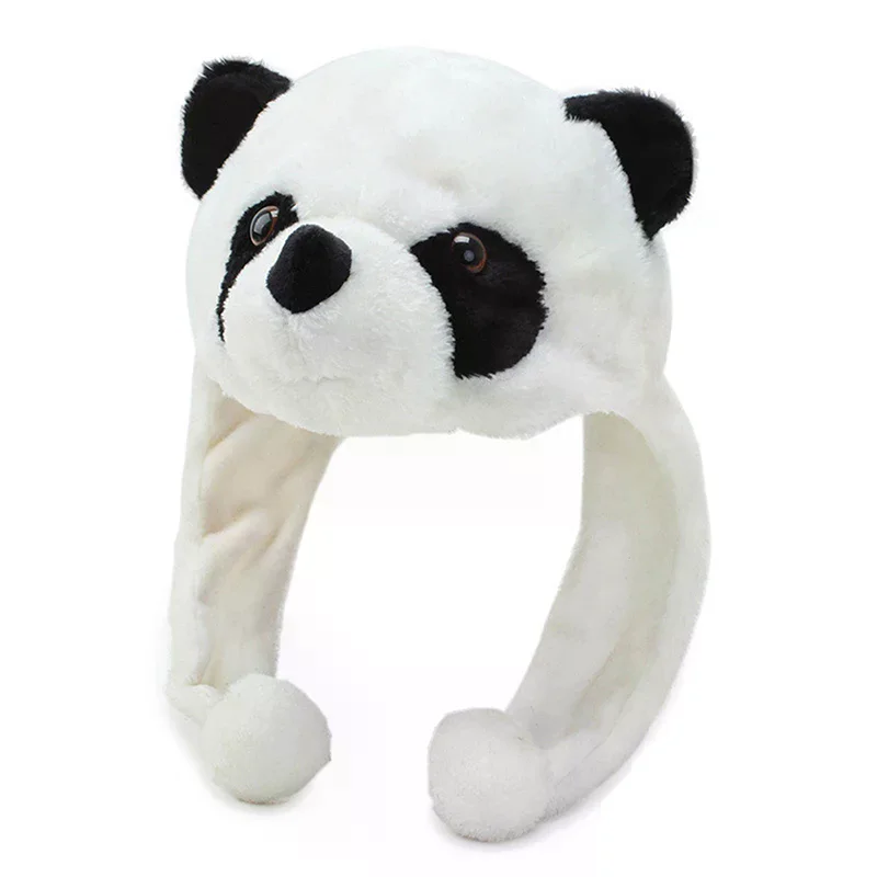 Adult Kids Cartoon Plush Panda Hat with Pom Pom Ends Long Straps Thermal Warm Winter Caps