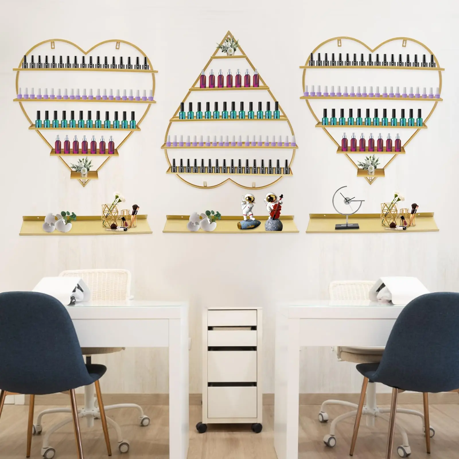 رف أظافر مثبت على الحائط من Daryabrest - علبة عرض معدنية مكونة من 5 طبقات (على شكل قلب) أرفف تخزين مستحضرات التجميل ومتجر سبا منزلي (ذهبي)