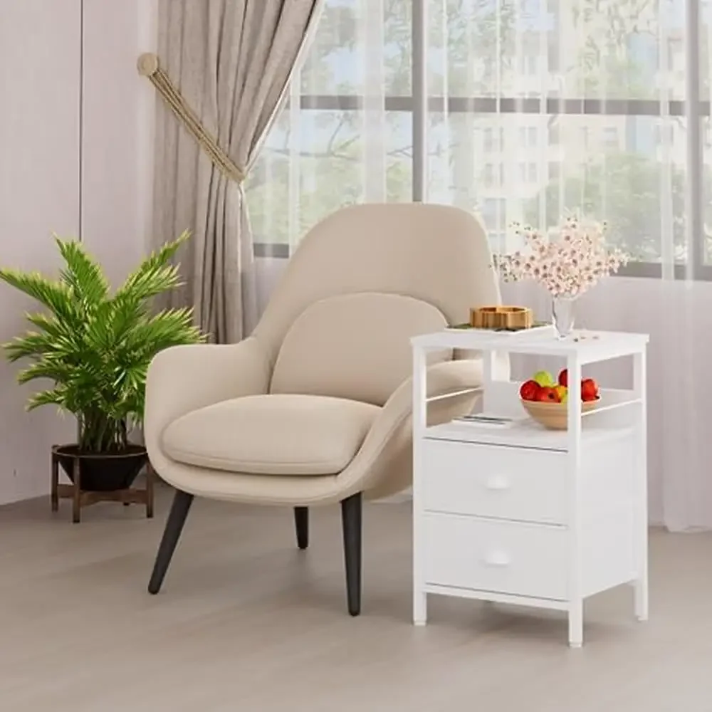 مجموعة منضدة تخزين غرفة النوم 2 مع خطافات أدراج قماشية ورف خشبي وطاولة جانبية وأريكة غرفة النوم/العيش وتنظيم أبيض 2 كبير #2