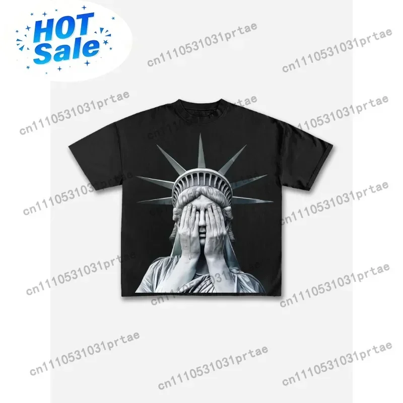 Statue of Liberty Crying Graphic T-shirt Men Fashion Oversized Summer Street Short Sleeved Women Round Neck American Y2K Tee Bla