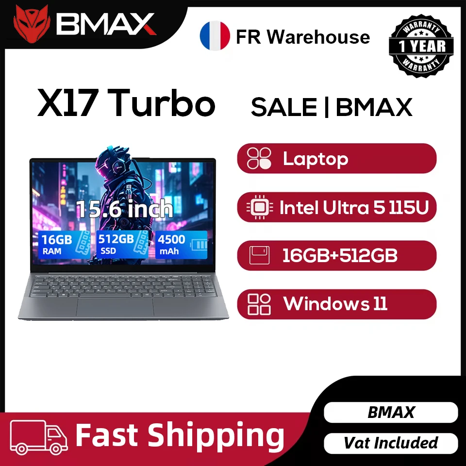 Bmax X17 Turbo, portátil de 15,6 pulgadas con 16 GB de RAM, disco SSD de 512 GB, procesador Intel Ultra 5 115U, Windows 11 Pro, resolución de 1920 x 1080, HDMI, Wi-Fi, USB.