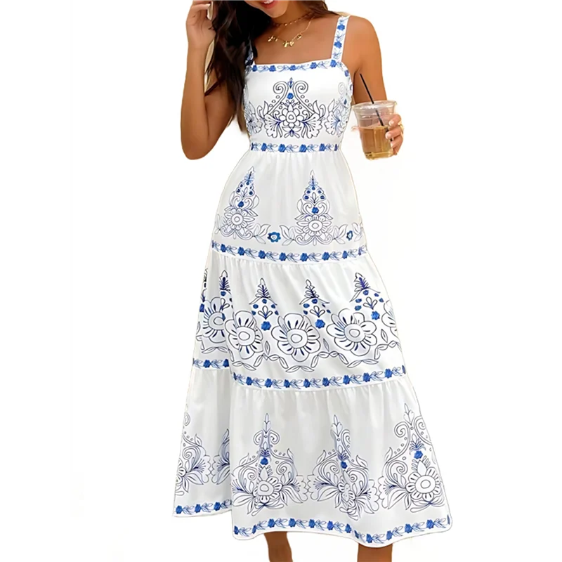 ASDS-Vestido regata feminino em camadas verão sem mangas estampa floral vestido longo fluido maxi vestido de verão