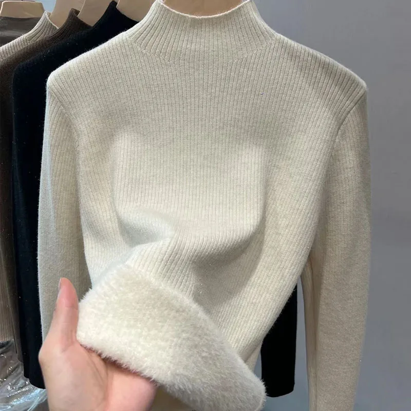 

Fashion Knitted Sweater Women Pullovers Mock Neck Knit Sweater Pullover Women Tops Long Sleeve Fleece-lined Women Clothing Q1479