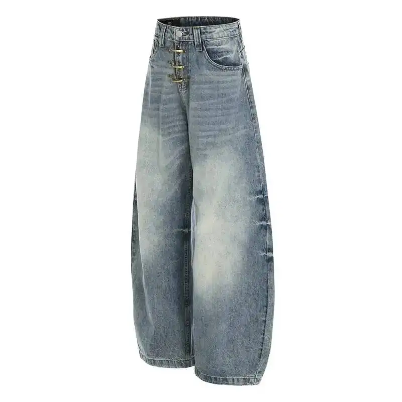 Niche Airplane Buckle Men's Blue Scimitar Jeans Light Blue Washed Casual Wide Leg Pants Loose Denim Trousers New 9XEAL2