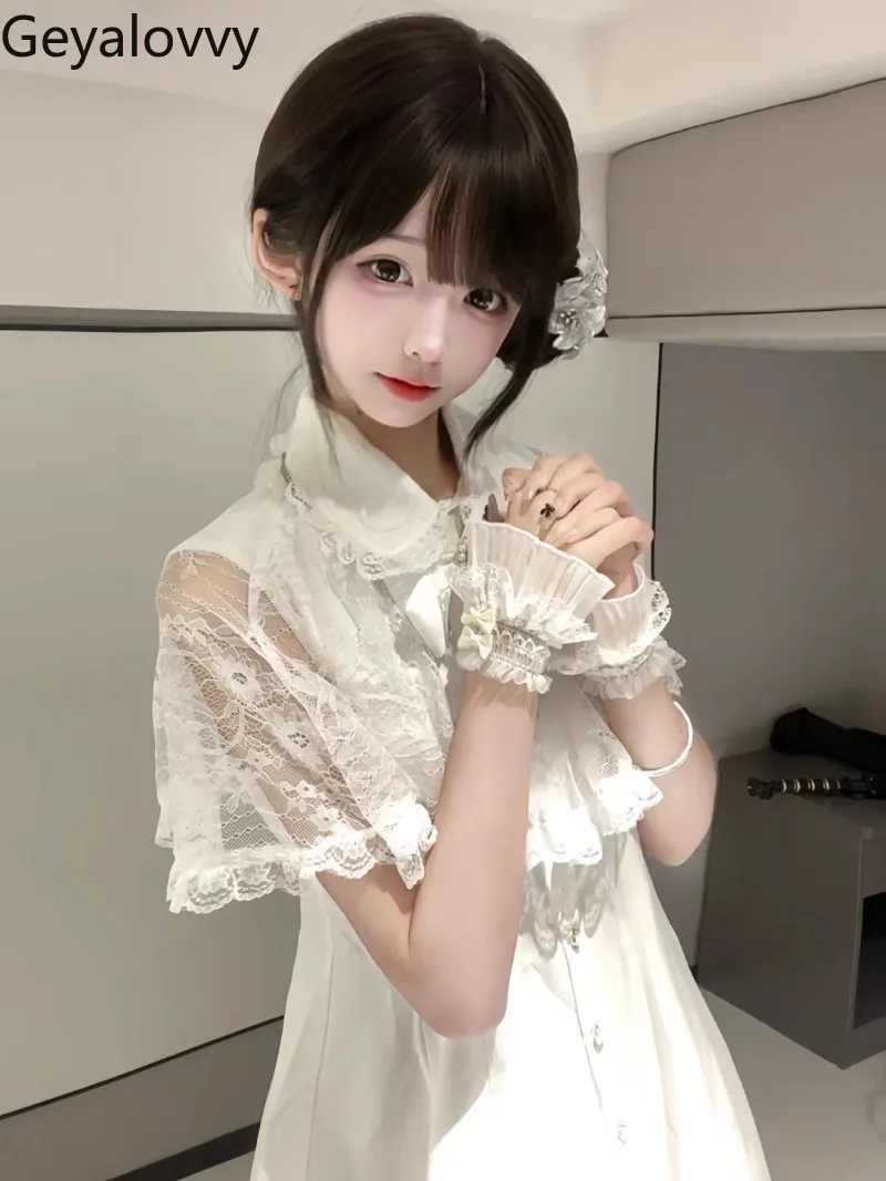 Japońska kopalnia słodkie słodkie dziewczyny biała koronkowa szalowa sukienka peleryna letnia koszulka z krótkim rękawem i pojedynczymi piersiami wyszczuplająca koszula z kokardką