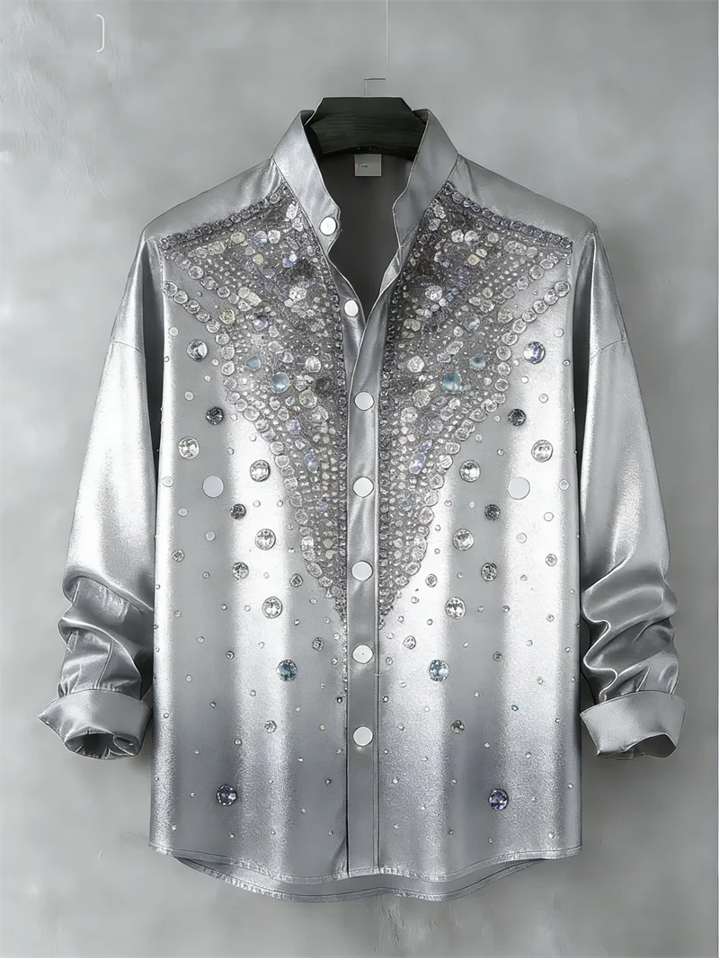 

New men's casual street 3D printed shirt with diamond pattern fashionable casual long sleeved collar shirt top