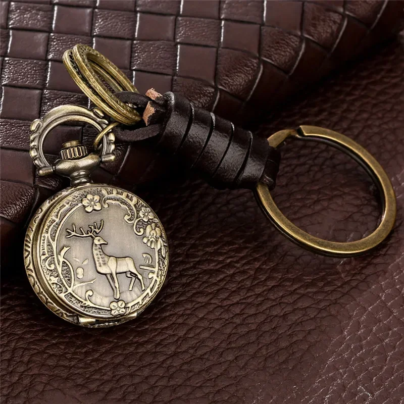 Antique Engraved Elk Pattern Small Size Quartz Analog Pocket Watch for Men Women Pendant Key Ring Watches Arabic Number