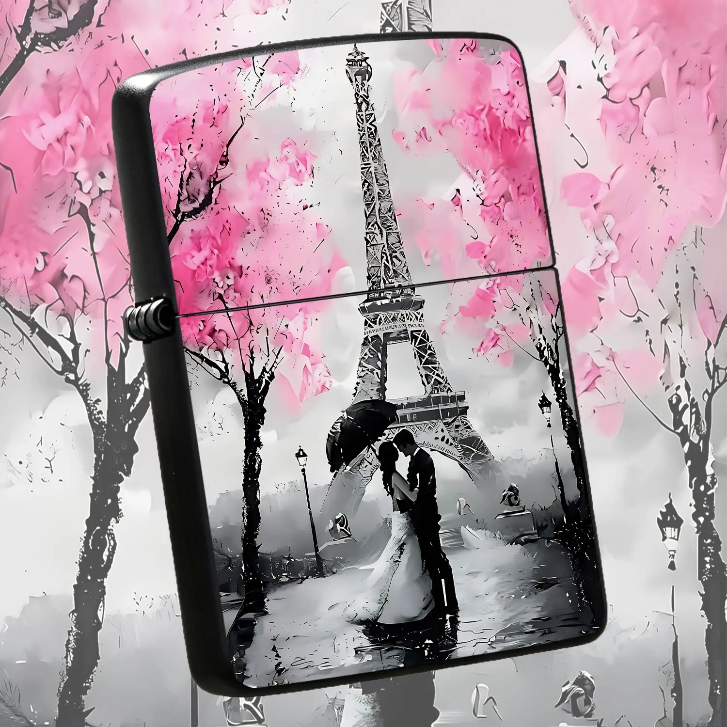 Romantic Paris Themed Lighter, Adorned With Artistic Pattern Of Eiffel Tower, Embracing Couple And Soft Pink Blossom Trees, Creates Cozy Vibe, Perfect For Daily Use, Travel, Home Scenes, Exquisite Practical Item For Gift A Humorou And Inter