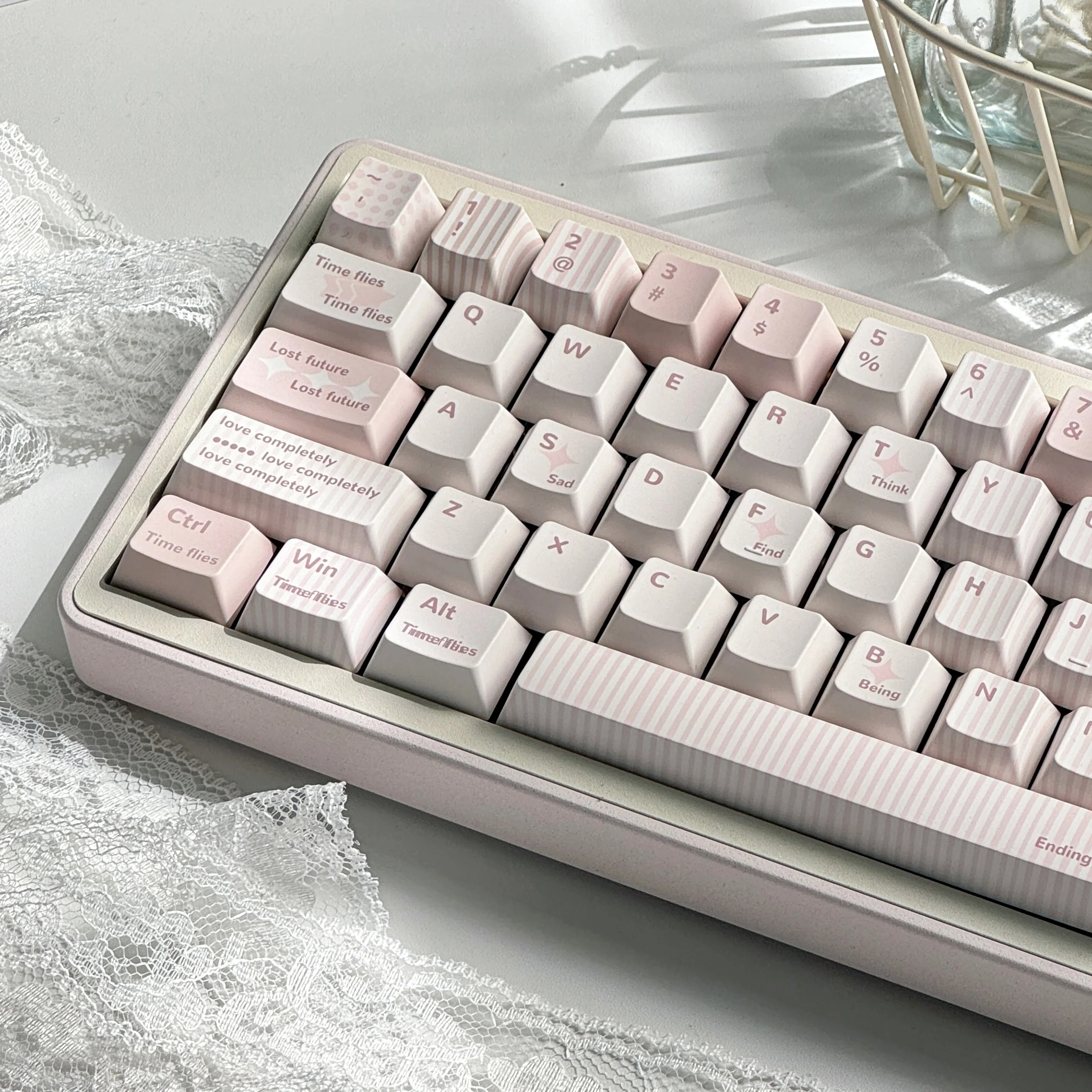 Original simples e elegante tema keycap cereja perfil pbt sublimação térmica teclado mecânico keycaps luz rosa chave boné