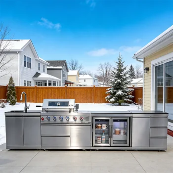 A Commercial Grade 304 Stainless Steel All In One Outdoor Kitchen Island Featuring Built In Grill Fridge Sink For Your Backyard