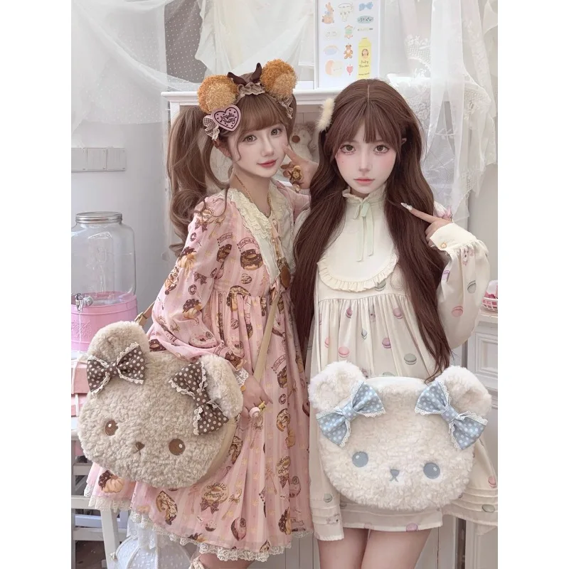 Kawaii Tote Bags Lolita New Production Sweet Girl Handbag Plush Cute Bear Lolita Bag Versatile Double Shoulder Bags for Women