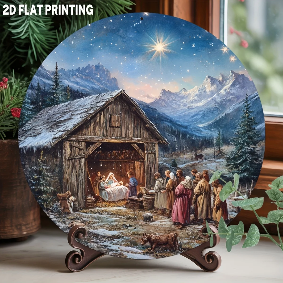 2D Flat - A Round Aluminum Metal Sign Measuring 8X8 Inches, Showcasing a Classic Nativity Scene That Illustrates The Birth of Ch