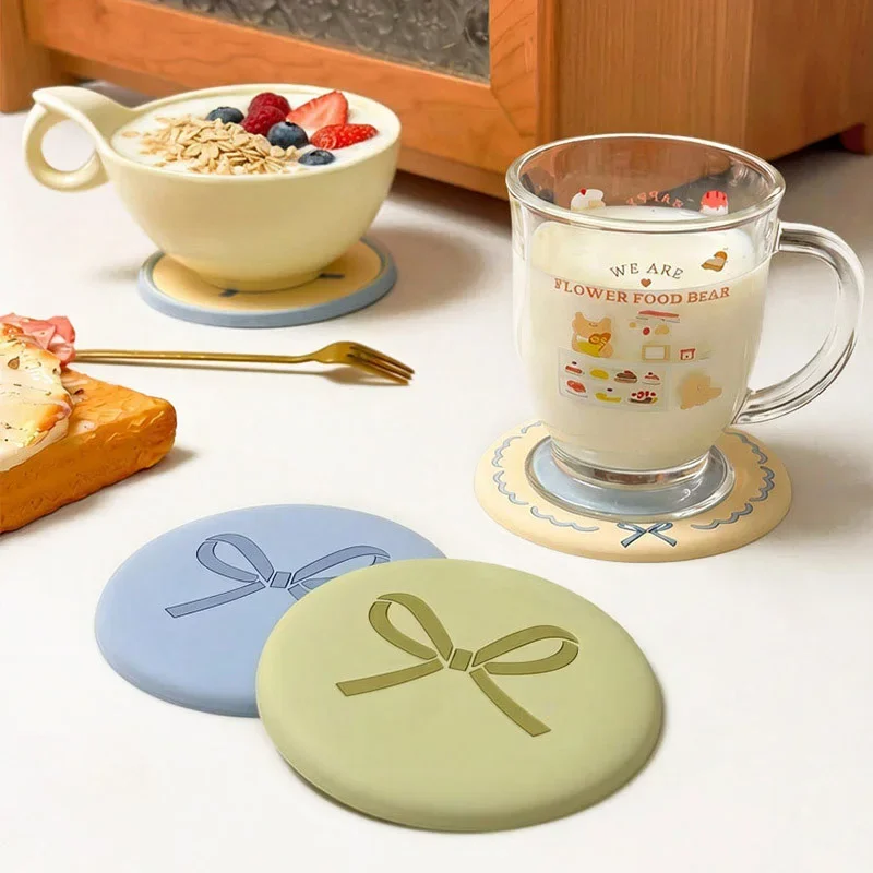 Light Color Bow Coaster Set Cute Round Non Slip Heat Resistant Cup Mats for Coffee Tea Drinks Home Dining Table Decor Kitchen