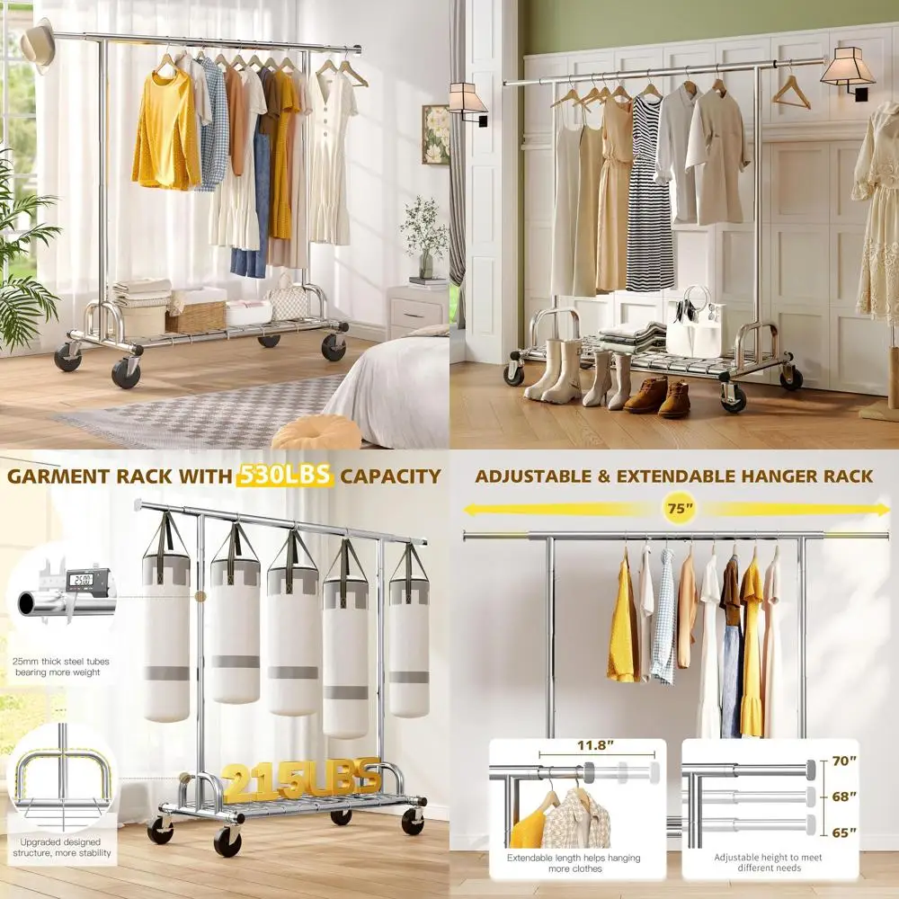 

Прочная передвижная вешалка для одежды шириной 75 дюймов, грузоподъемность 530 фунтов, хромированный металл, идеально подходит для спален, прачечных, магазинов.