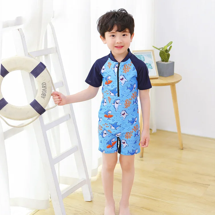 Cartoon Kids One Piece Swimsuit Boys Toddler Baby Swimwear Short Sleeve Quick Dry Summer Beach