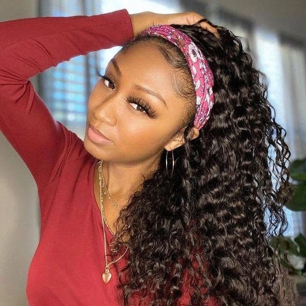 

Deep Wave Headband Wig Human Hair 180% Density Glueless Full Machine Made Natural Curly Headband Bob Human Hair Wigs for Women