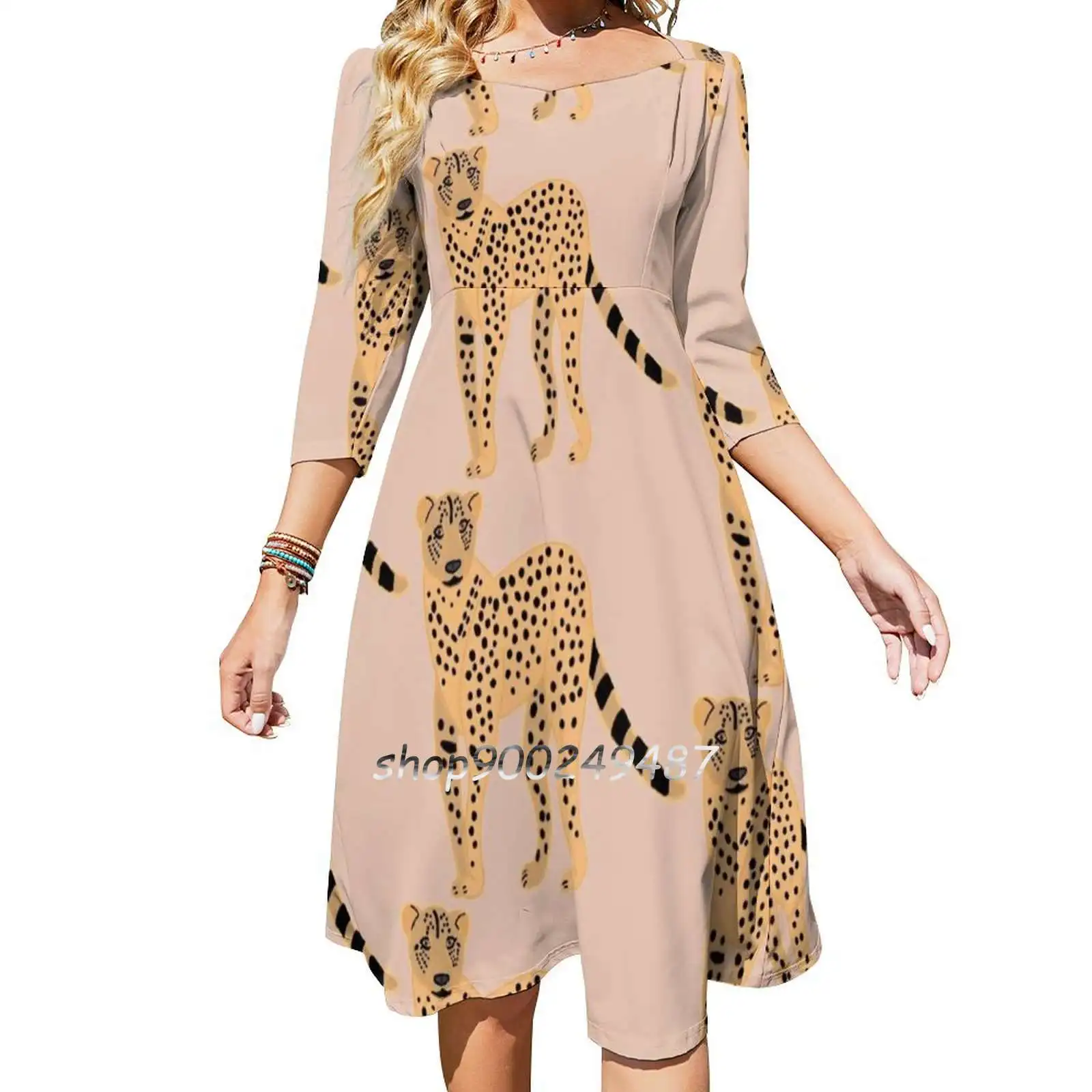 Cheetah-Cartoon Square Neck Dress Sweet Summer Dress Women Elegant Halter Print Dress Cheetah Cheetahs Animal Art Cat Cat Art