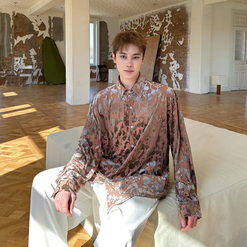 

New Chinese Style Retro Embroidered Velvet Men's Shirt Spring New Design National Trend Upper Body Casual Handsome Floral Shi...