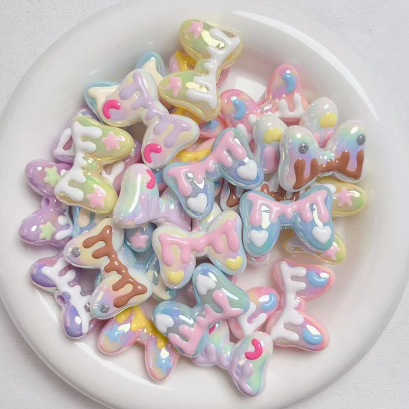 Kawaii Star Macaron Hand Painted Solid Color Bow Straight Hole DIY Mobile Phone Chain Hair Accessory Keychain Beaded Accessory