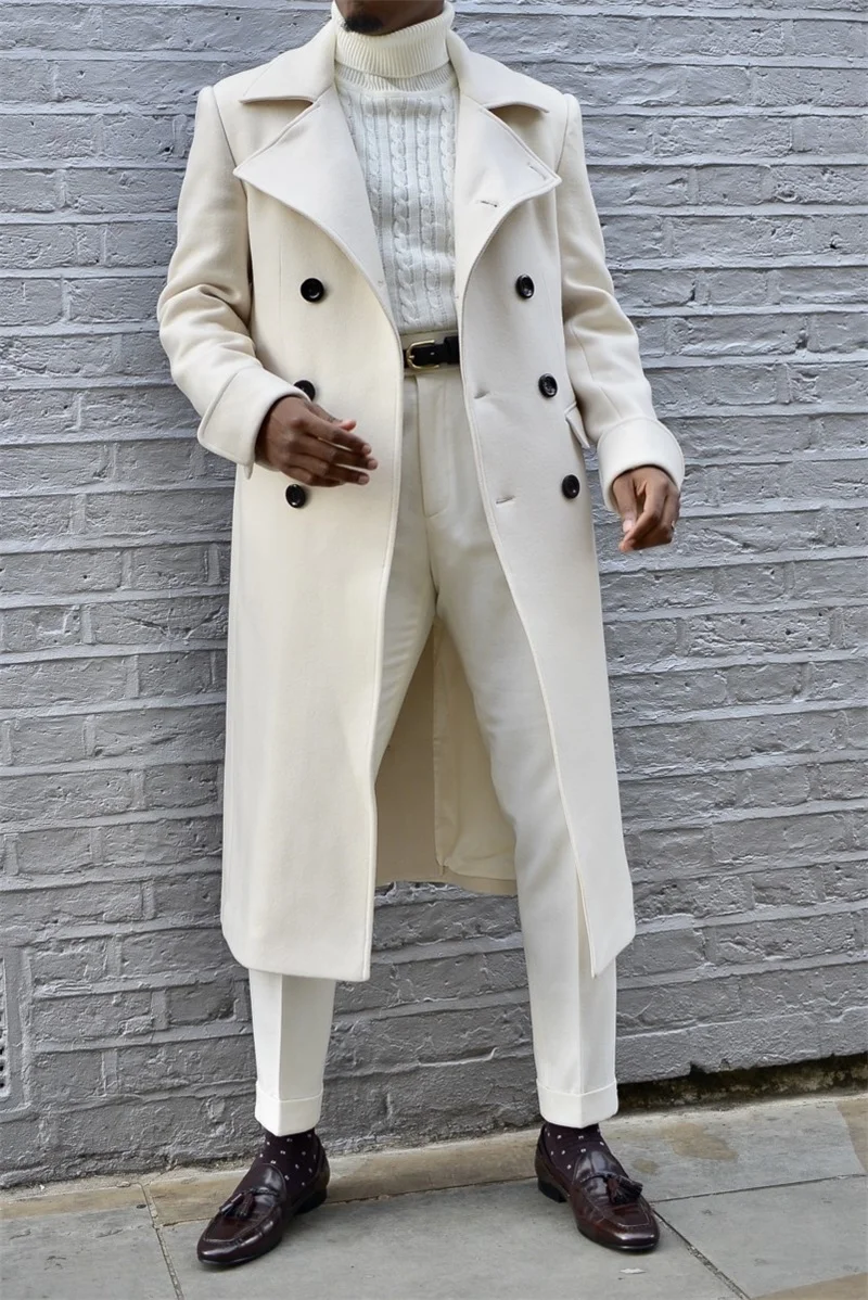 

100% Pure Wool White Men Suit Blazer Long Overcoat For Wedding Winter Trench Coat Prom Jacket Formal Office Gentlemen Outfit