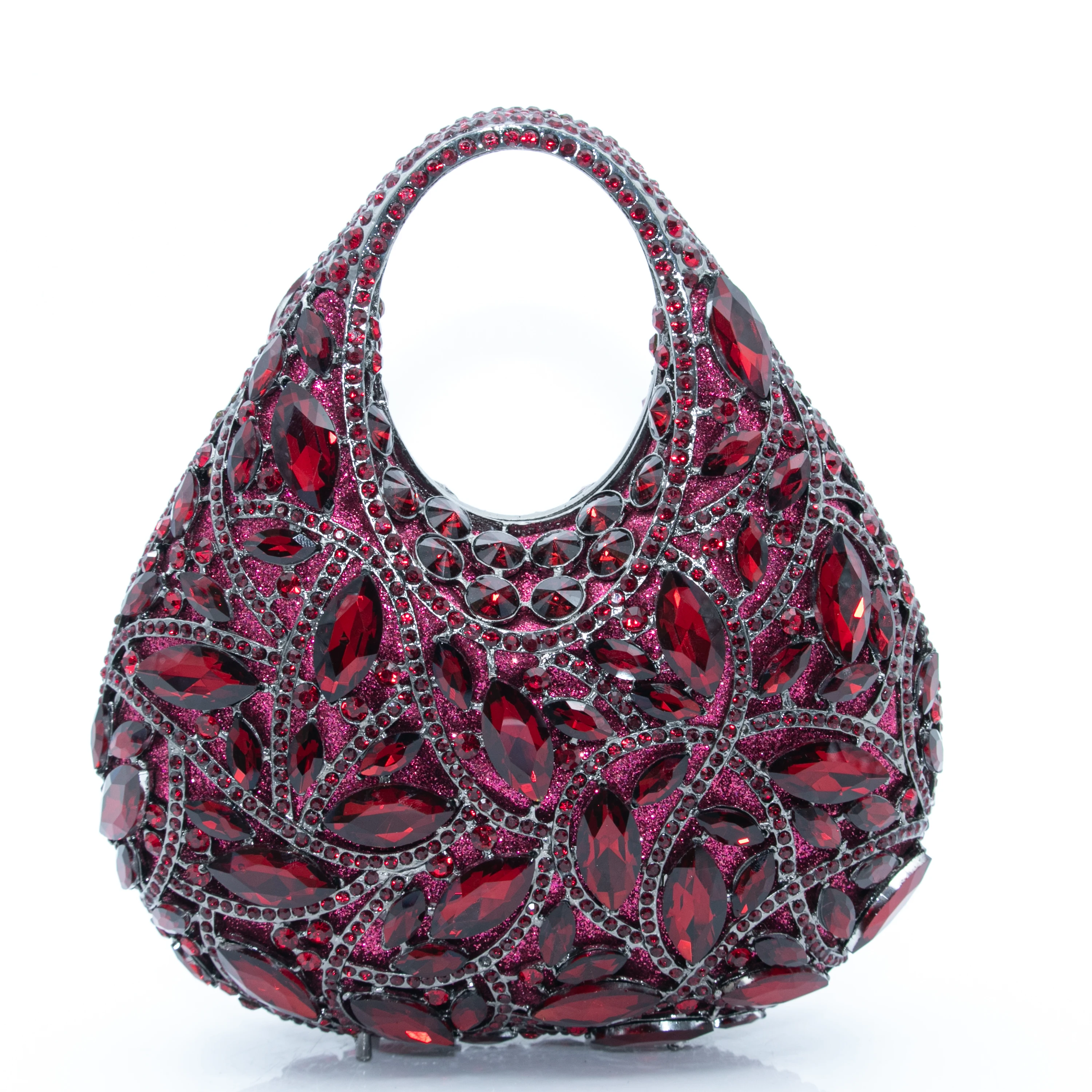 Bolso de mano tipo clutch para mujer, color rojo vino, con asa de cristal en forma de lágrima, metal hueco, con pedrería completa, para noche, boda, cóctel, fiesta formal