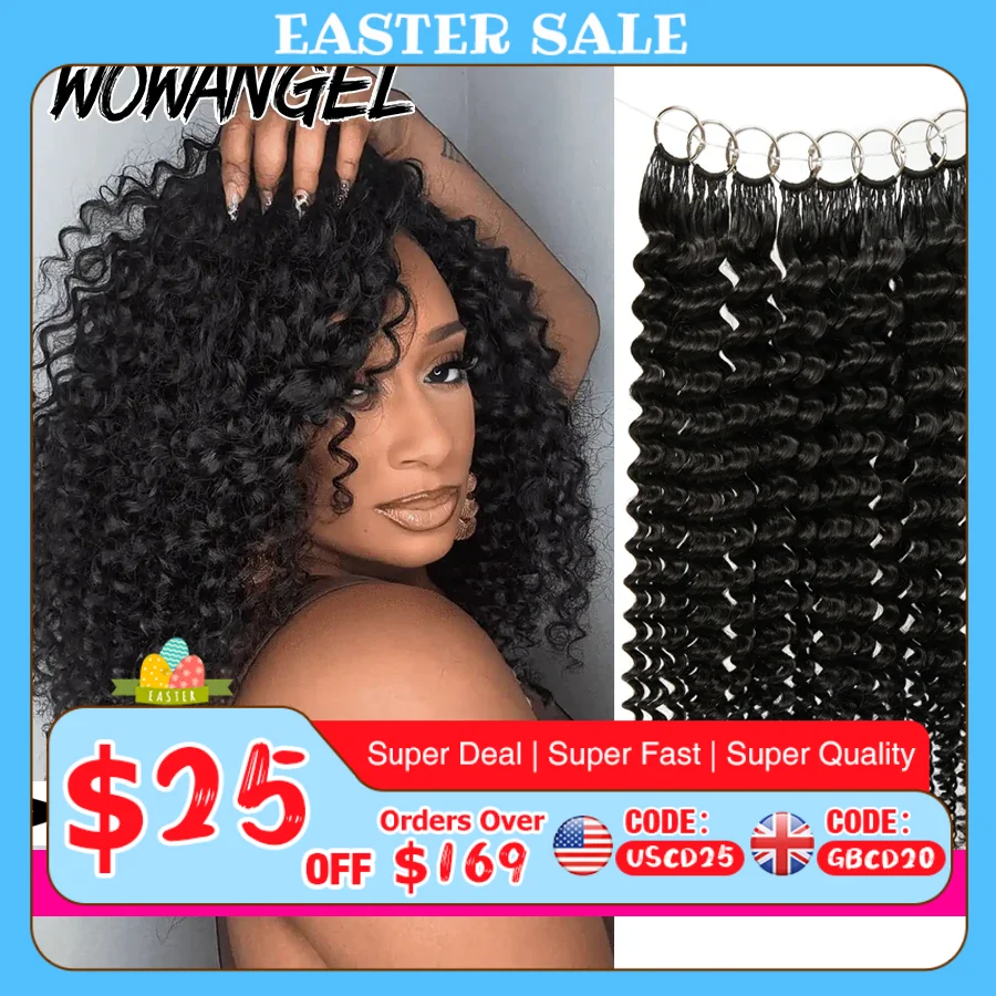 

WOWANGEL Наращивание волос Deep Wave Feather Crochet из натуральных человеческих волос, натуральный черный цвет, с предварительно привязанными кольцами, для женщин, без клея, без нагрева