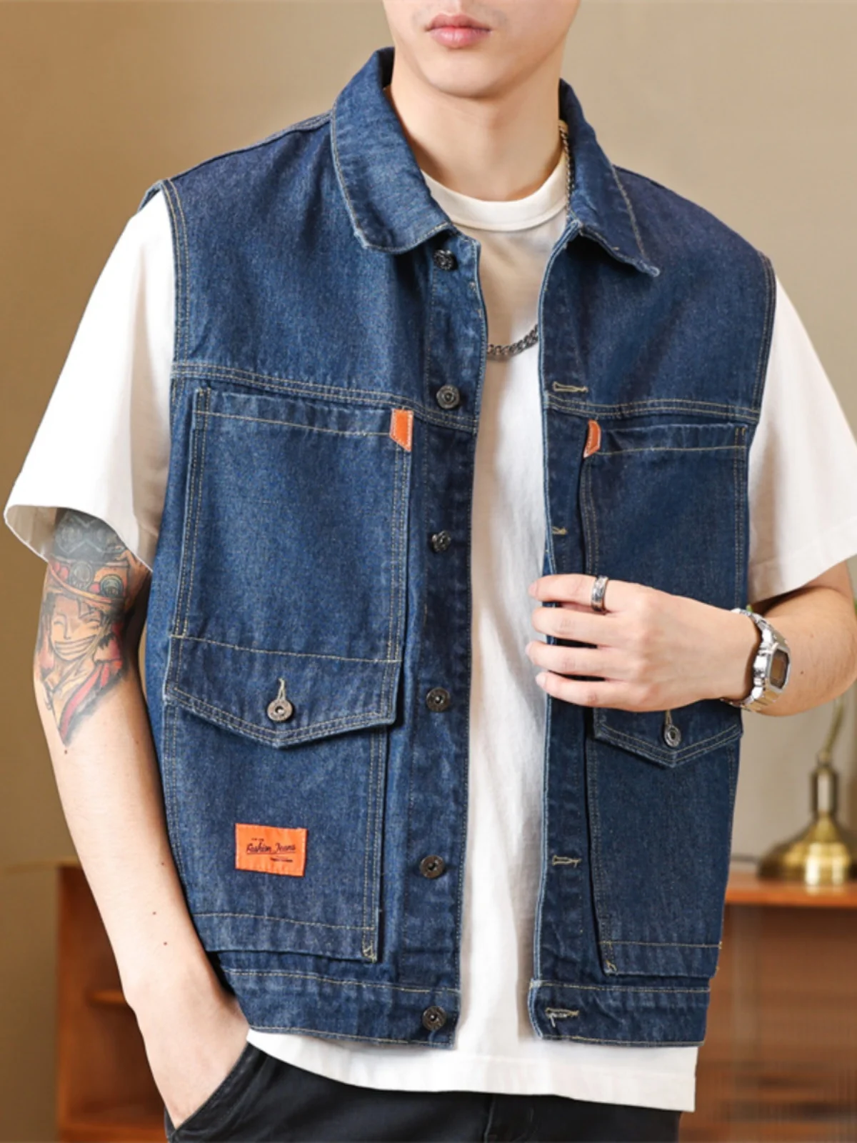 Loose Men's Denim Jacket Sleeveless Multi-Pocket Vest Fashionable Brand Youthful Style Business Casual All-Season Standard Fit